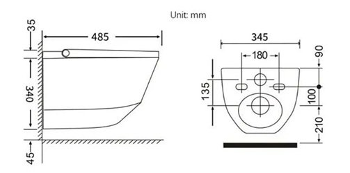 WC suspendu crème sans bride avec bâti mural